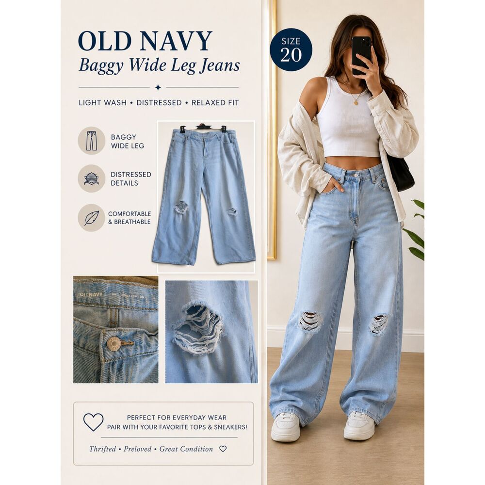 Old Navy Baggy Wide Leg Jeans Size 20 Light Wash Distressed Mid Rise Relaxed Fit